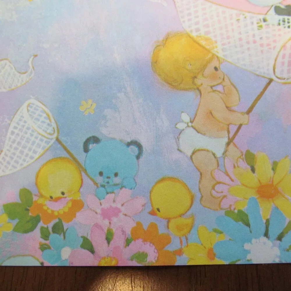 Vintage Baby Gift Wrap Cute Bears Bunnies Ducks Kittens Butterflies Nets 1 Piece